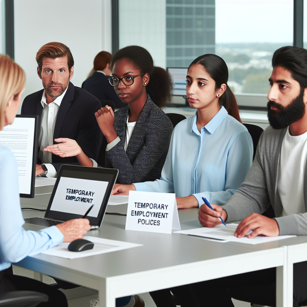 Moderne Büroarbeitsplatzdiskussion über Zeitarbeitsrichtlinien.