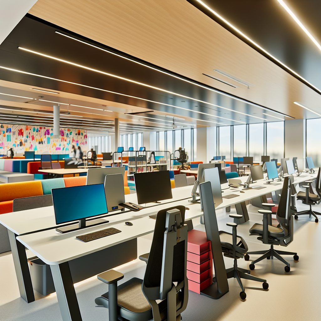 Modernes Büro mit flexiblen Arbeitsbereichen und Technologien.