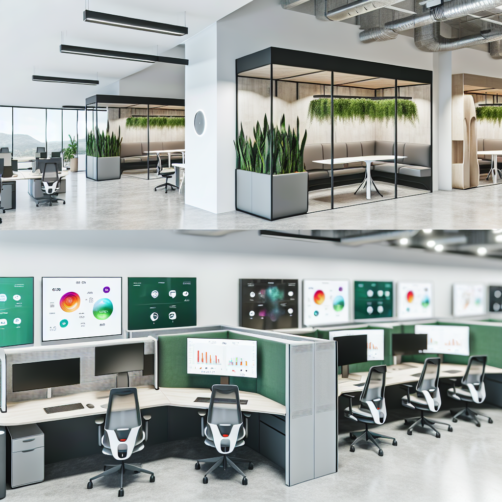 Modernes Büro mit flexiblen Arbeitsmodellen visualisiert.