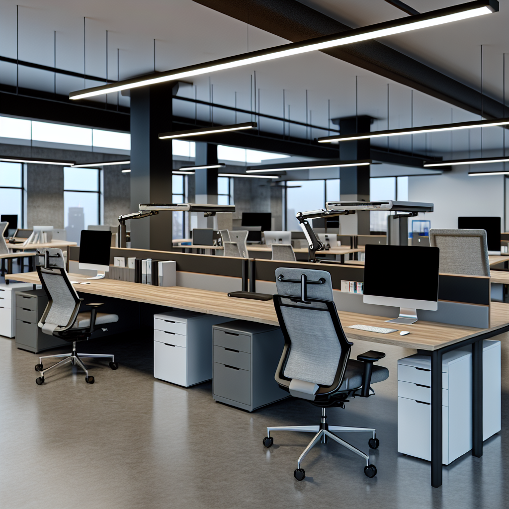 Modernes Büro mit hybriden Arbeitsplätzen und Technologien.