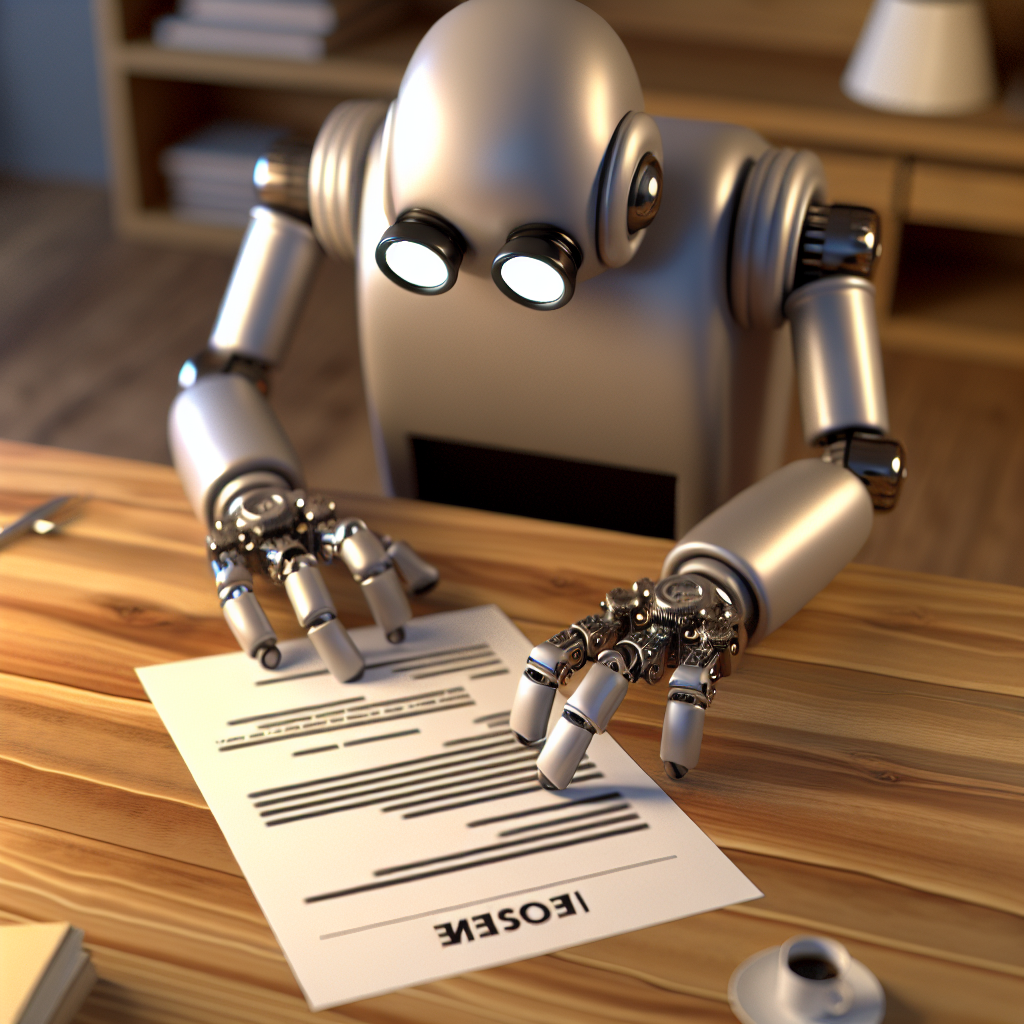 „Roboter analysiert Lebenslauf auf einem Schreibtisch.“