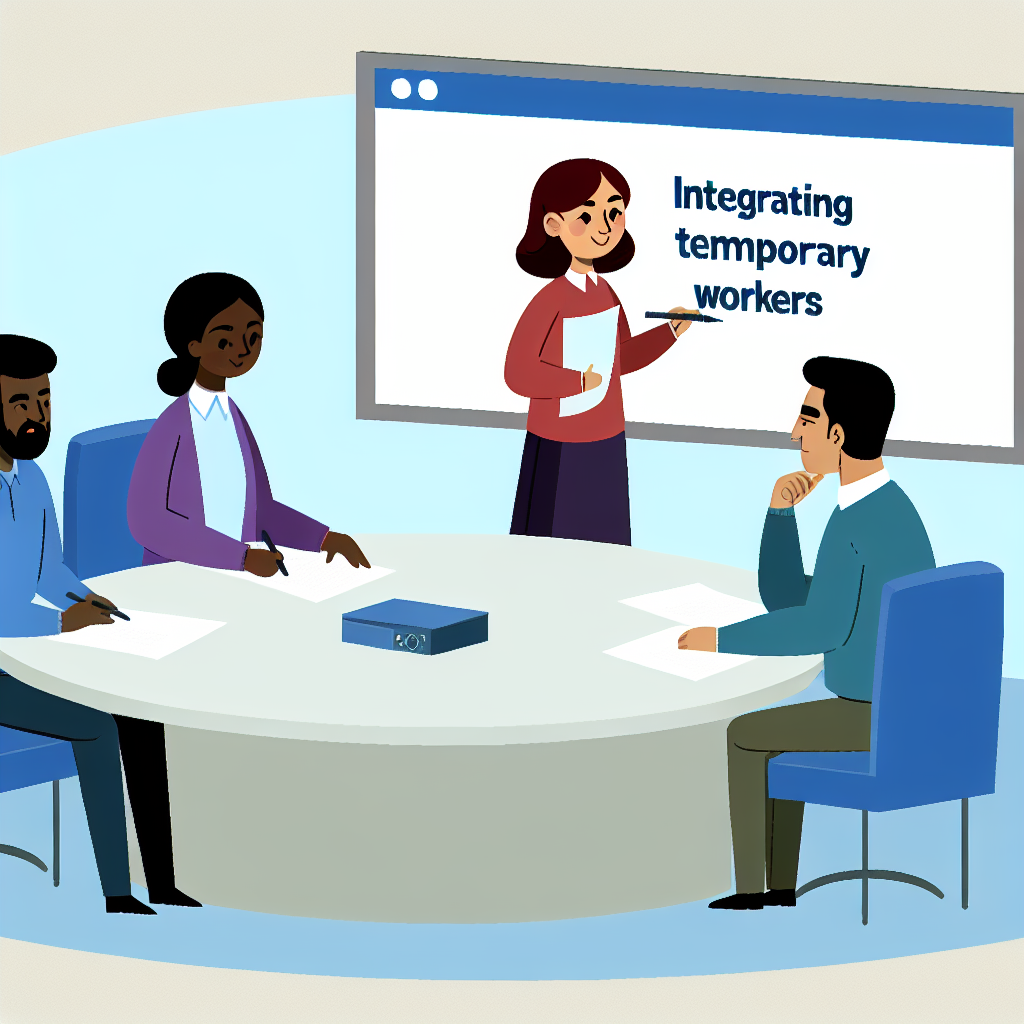 Teamsitzung zur Integration von Zeitarbeitskräften dargestellt.