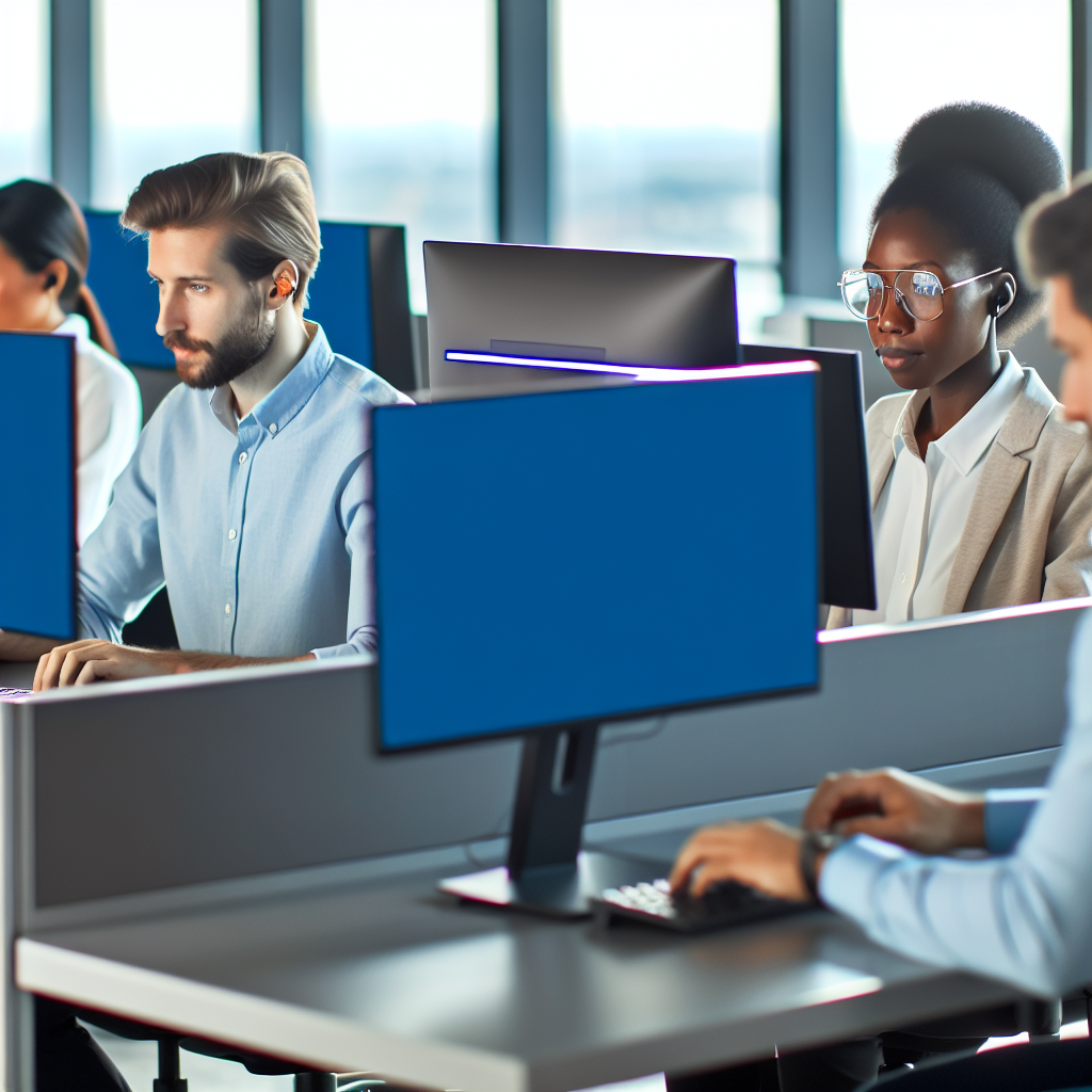 Büroangestellte arbeiten an Computern mit Datenschutz.