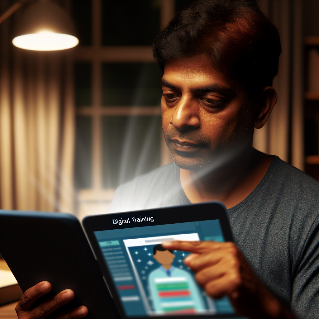 Digitale Schulung: Mensch lernt via virtuelles Tablet.