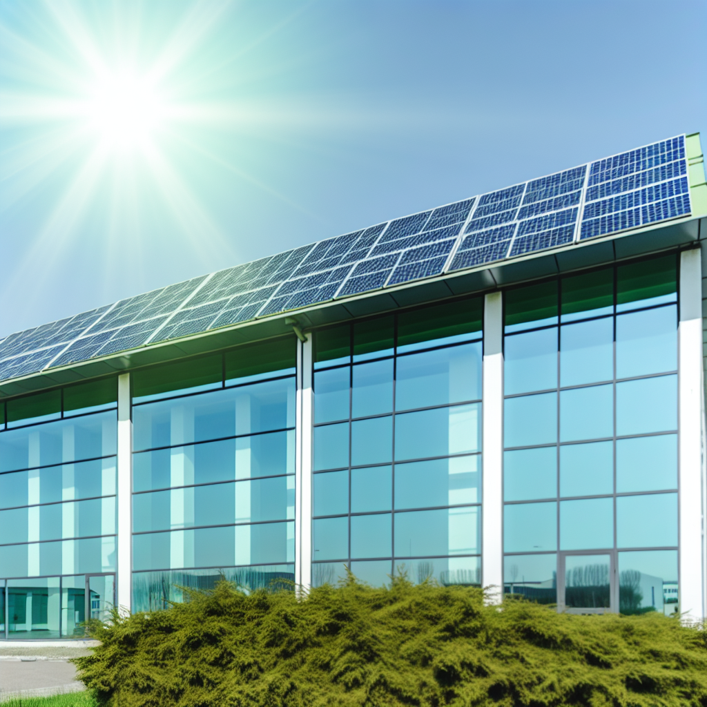Ein grünes Bürogebäude mit Solarpanelen.