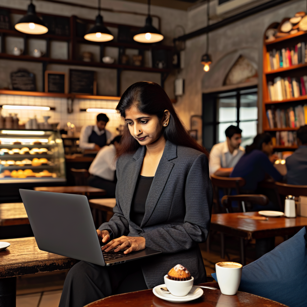 Ein Mitarbeiter arbeitet mobil im Café.