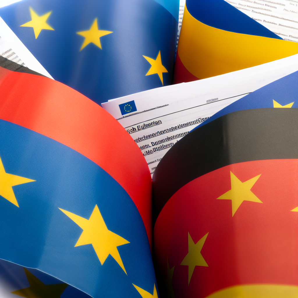 Europäische Flaggen umarmen deutsche Arbeitsrechtsdokumente harmonisch.