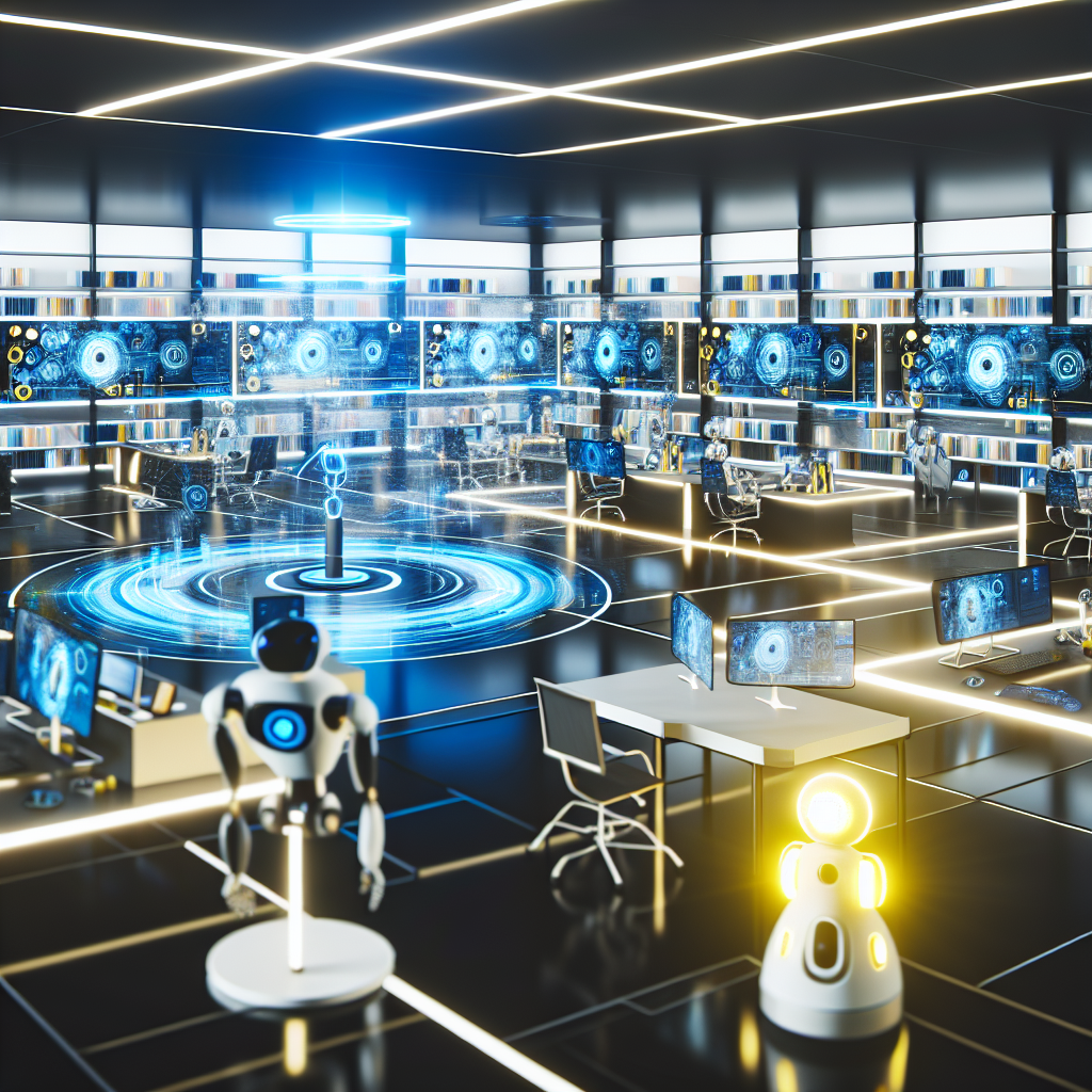 Futuristisches Büro mit KI-gesteuerten Lernplattformen.