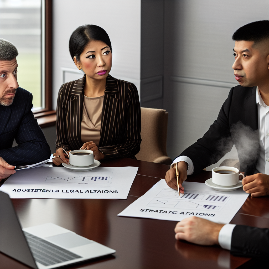 Geschäftsleute diskutieren rechtliche Änderungen mit Strategieplänen.