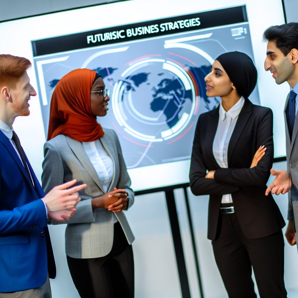 Geschäftsleute diskutieren vor digitalen Zukunftsstrategien.