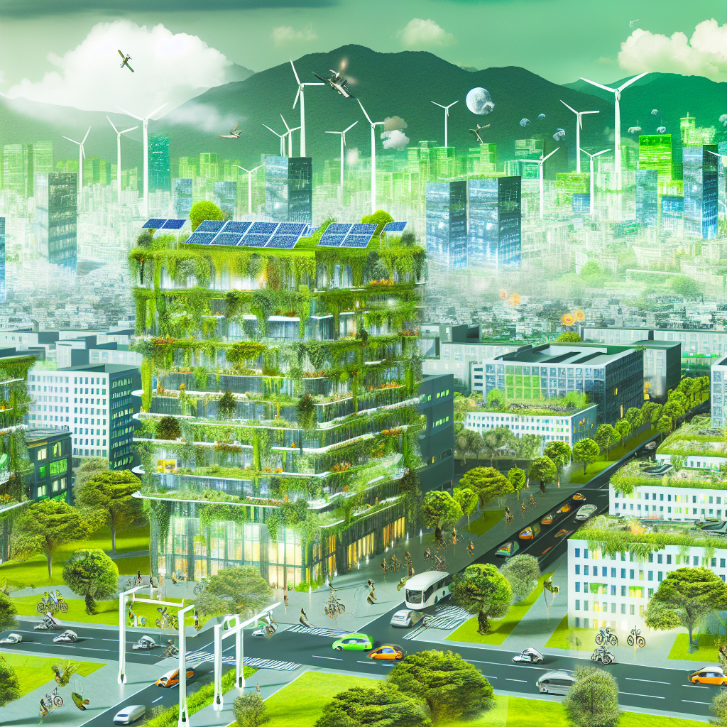 Grüne Stadtlandschaft mit innovativen Umwelttechnologien.