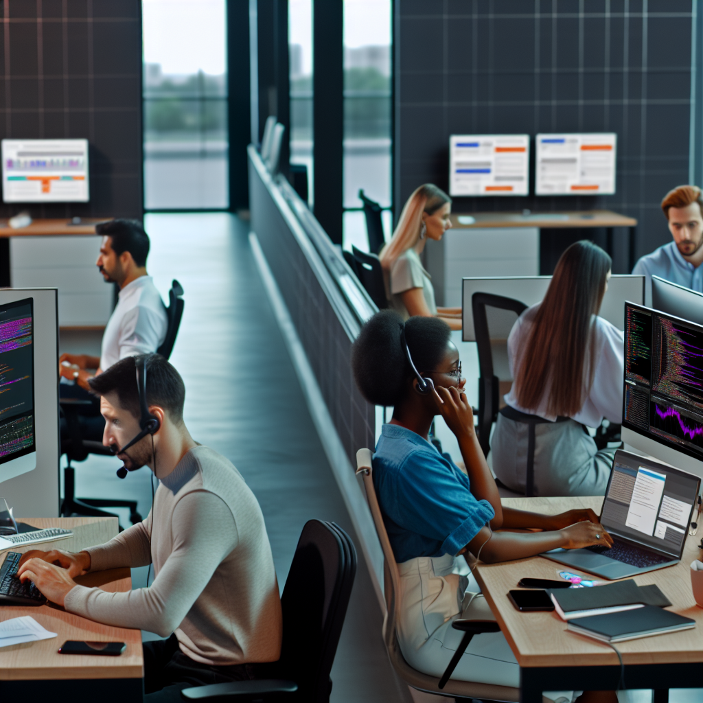 Menschen arbeiten digital vernetzt in modernem Büro.