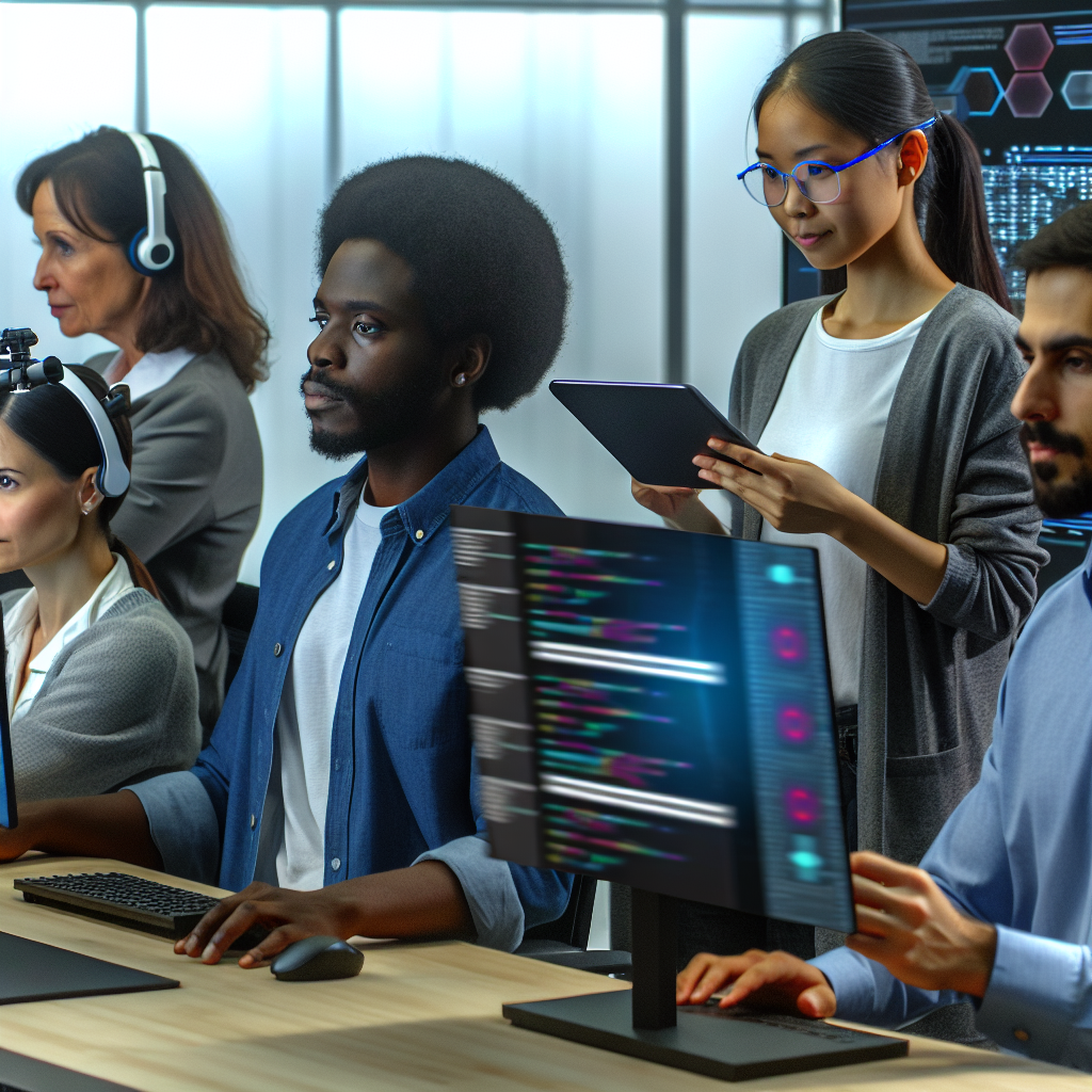 Mitarbeiter interagieren mit KI-gesteuerten Arbeitsplattformen.