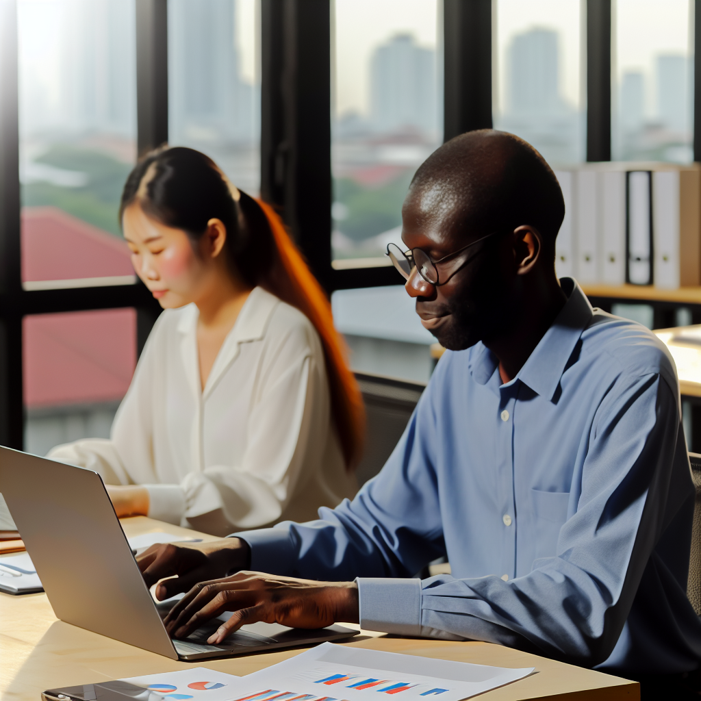 Mitarbeiter nutzen Laptop für digitales Lernen.