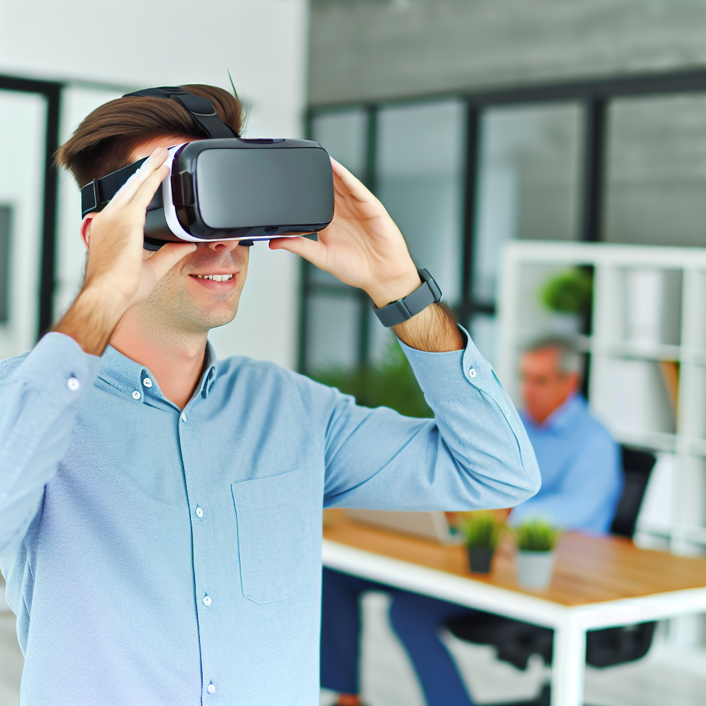 Mitarbeiter nutzt VR-Brille in modernem Büro.