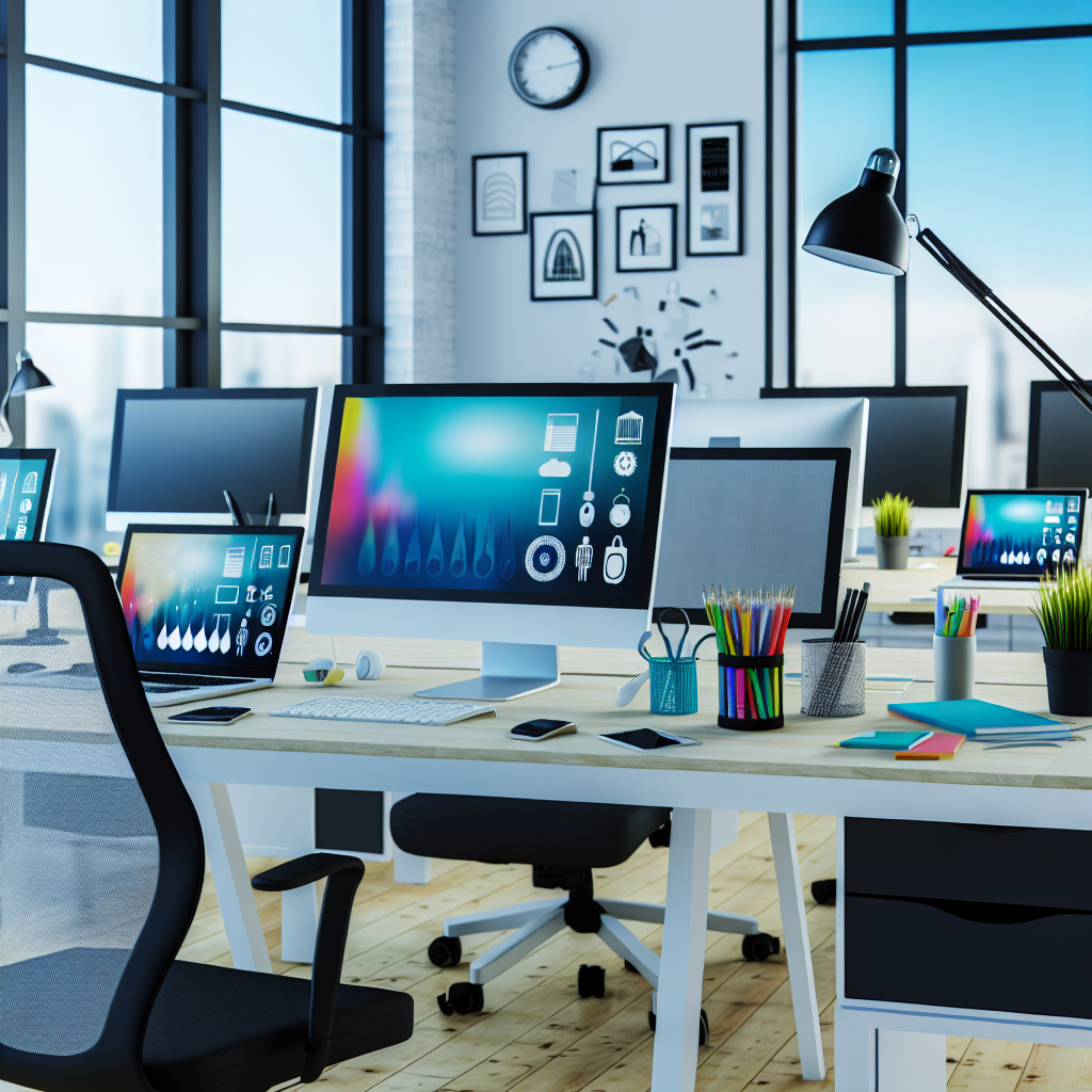 Moderne Büroansicht mit digitalen Arbeitswerkzeugen.