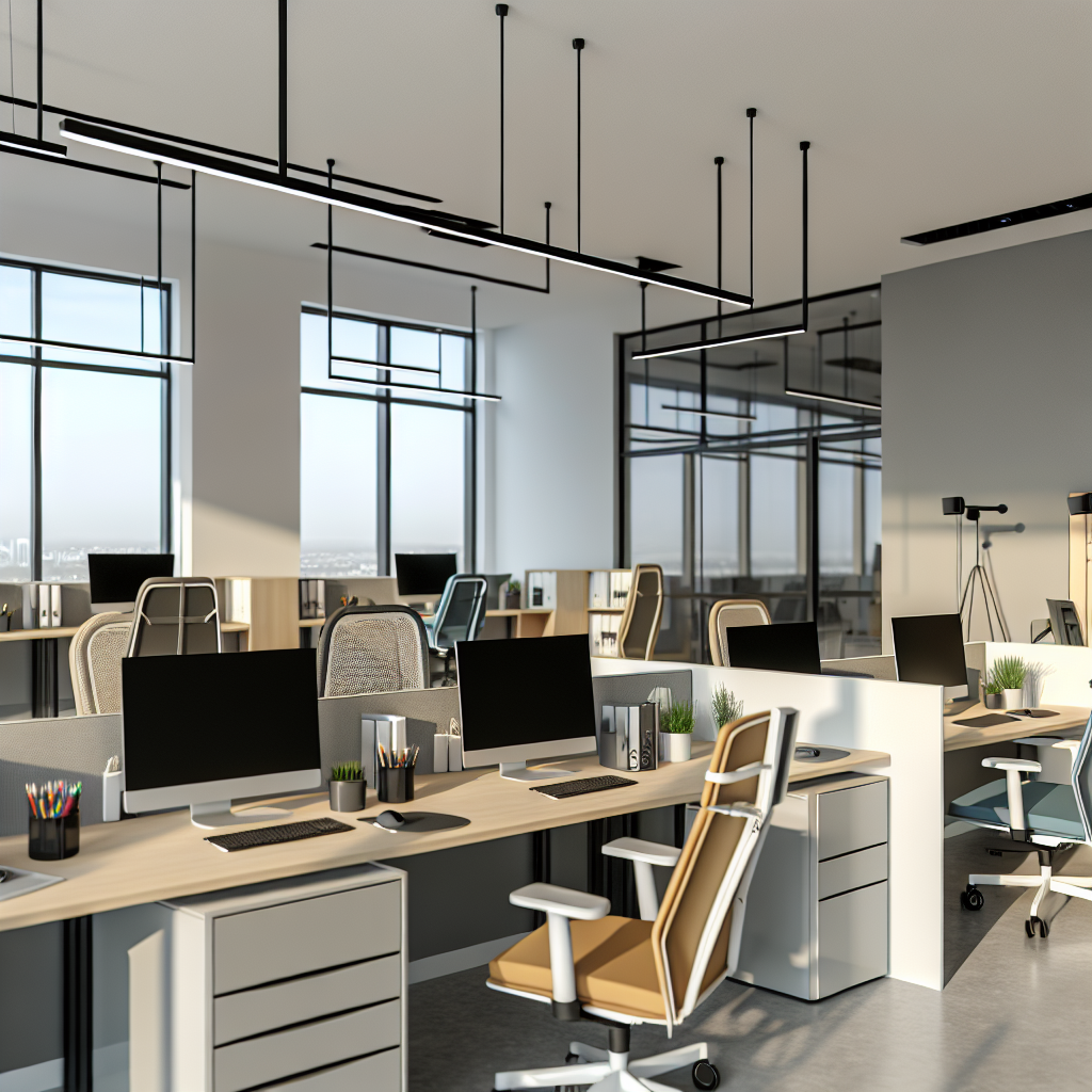 Modernes Büro mit gemeinschaftlichen und Remote-Arbeitsplätzen.