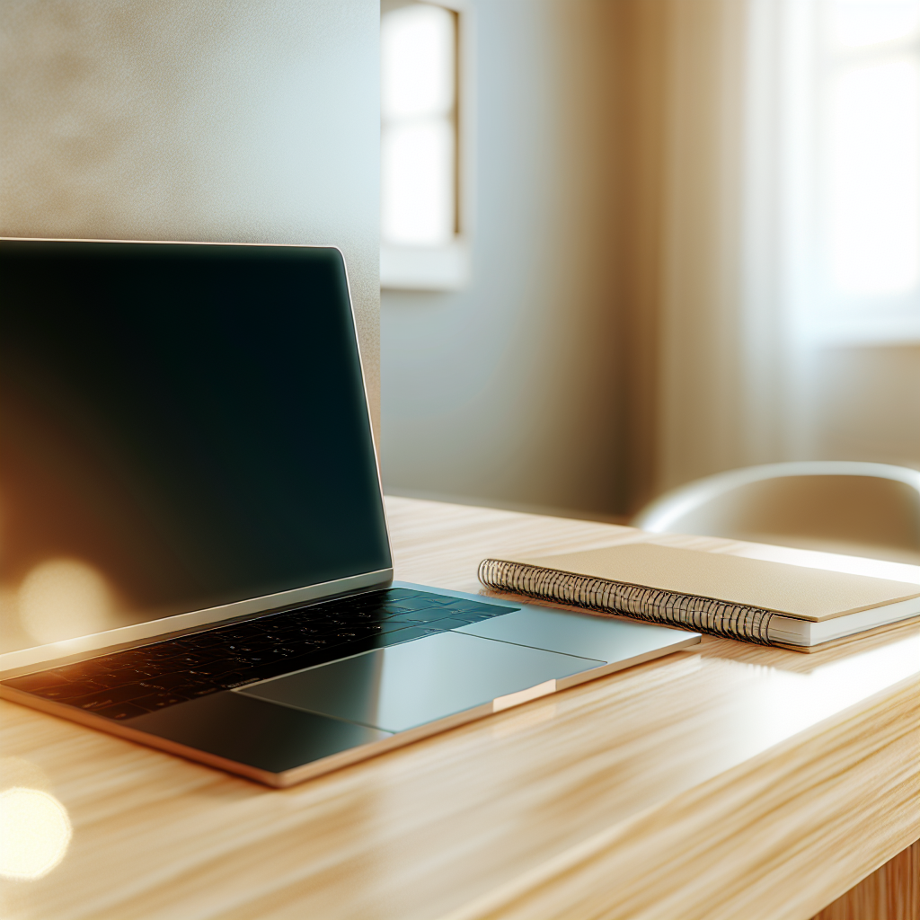 Modernes Home-Office mit Laptop und Notizbuch.