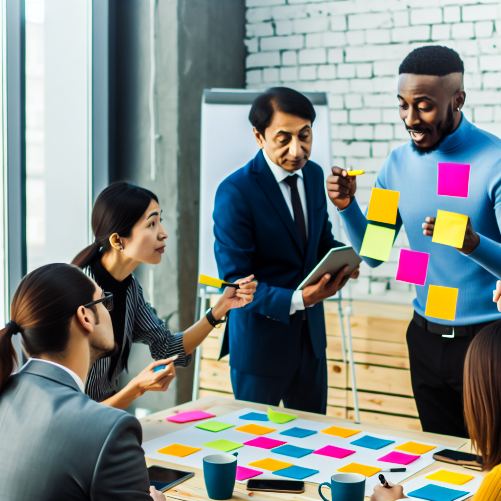 Team in dynamischer Besprechung mit Post-its.