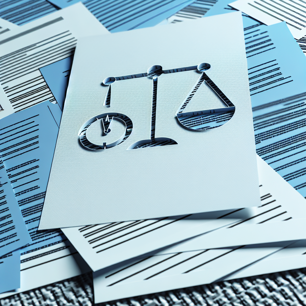 Uhrensymbol und Balancewaage auf Büro-Dokumenten.