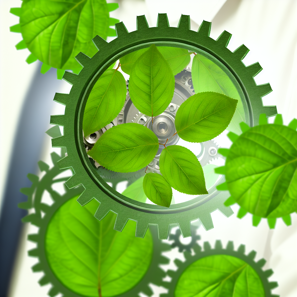 Unternehmensnachhaltigkeit: Grüne Blätter formen Zahnradgetriebe.