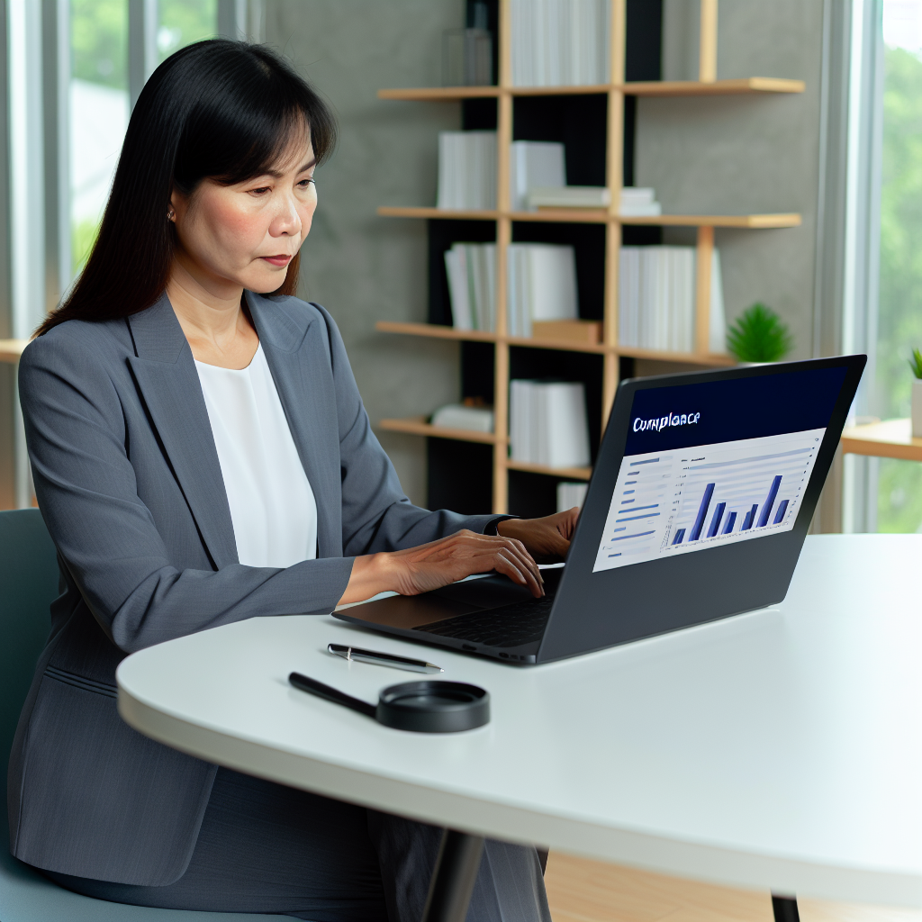 Zeitarbeitsspezialist überprüft Compliance-Daten auf Laptop.